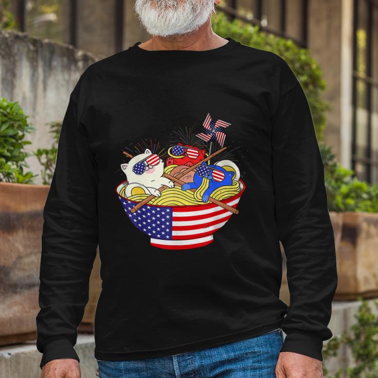 Cats Ramen Anime American Flag 4Th Of July Cat Lovers Long Sleeve T-Shirt Gifts for Old Men