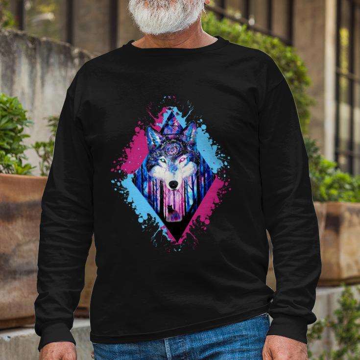 Colorful Wolf Painting Wolves Lover Long Sleeve T-Shirt Gifts for Old Men