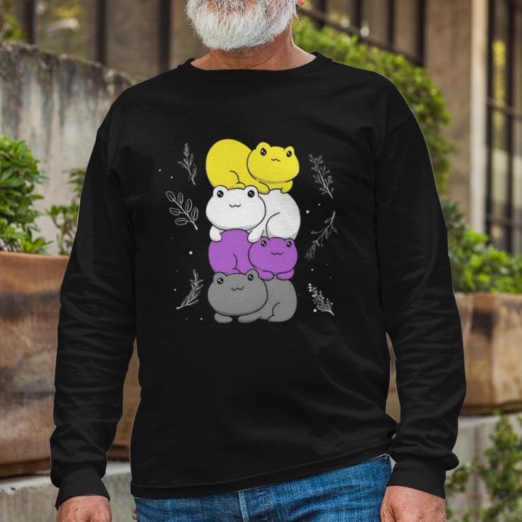 Cottagecore Aesthetic Kawaii Frog Pile Nonbinary Pride Flag Long Sleeve T-Shirt Gifts for Old Men