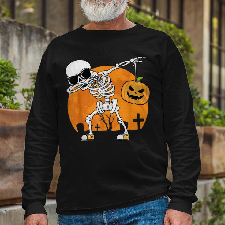 Dabbing Skeleton Halloween Pumpkin Skeleton Long Sleeve T-Shirt Gifts for Old Men