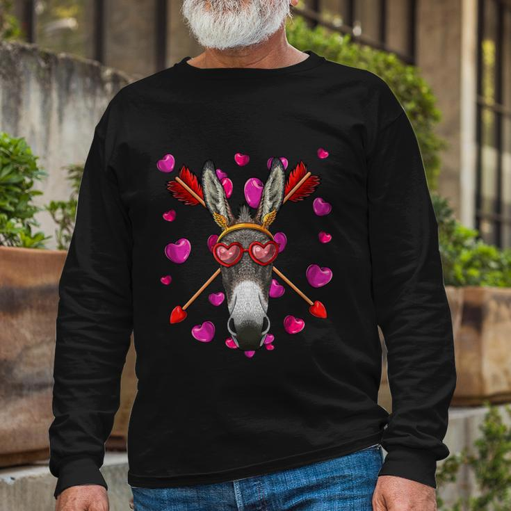 Donkey Valentines Day Animal Face Heart Glass Love Arrows Long Sleeve T-Shirt Gifts for Old Men