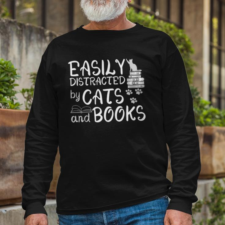 Easily Distracted By Cats And Books Book Lover Long Sleeve T-Shirt T-Shirt Gifts for Old Men