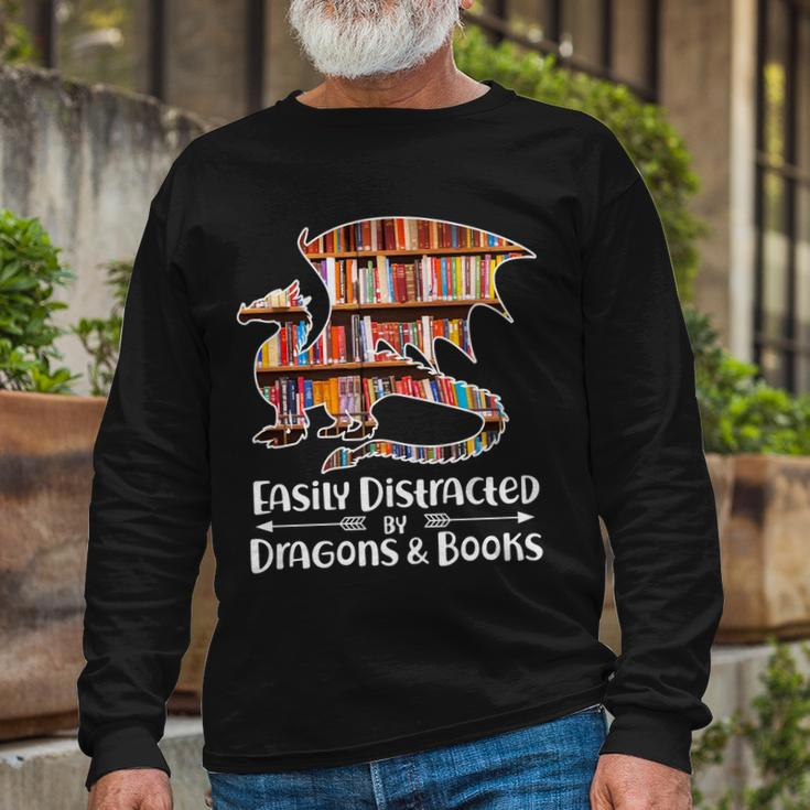 Easily Distracted By Dragons And Books V2 Long Sleeve T-Shirt Gifts for Old Men