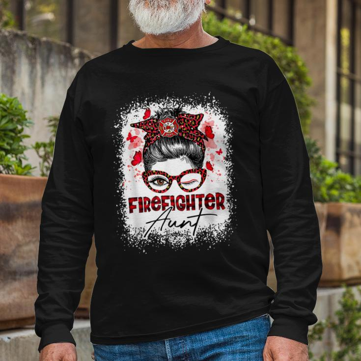 Firefighter The Red Proud Firefighter Fireman Aunt Messy Bun Hair Long Sleeve T-Shirt Gifts for Old Men