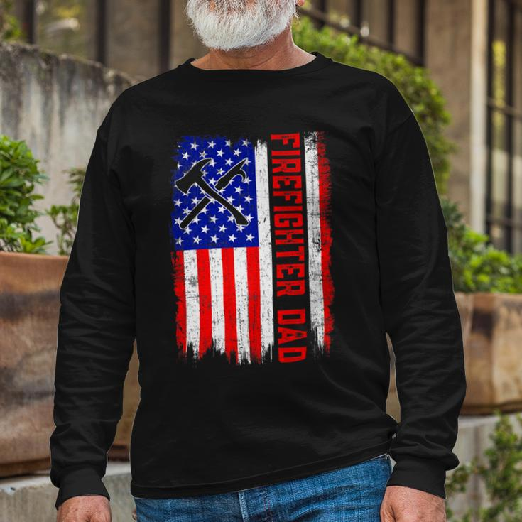 Firefighter Retro American Flag Firefighter Dad Jobs Fathers Day V3 Long Sleeve T-Shirt Gifts for Old Men