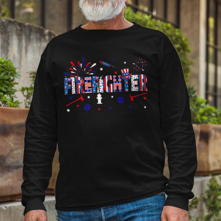 Firefighter Retro American Flag Firefighter Jobs 4Th Of July Fathers Day Long Sleeve T-Shirt Gifts for Old Men