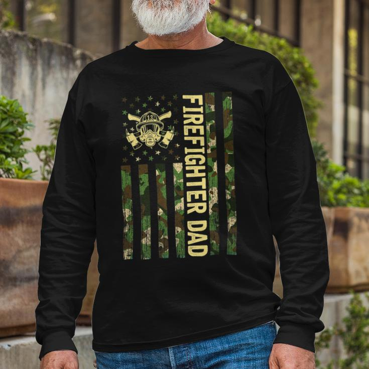 Firefighter Retro Camouflage Usa Flag Firefighter Dad Fathers Day V3 Long Sleeve T-Shirt Gifts for Old Men