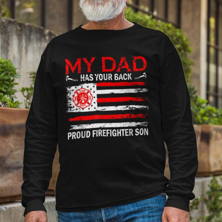Firefighter Retro My Dad Has Your Back Proud Firefighter Son Us Flag V2 Long Sleeve T-Shirt Gifts for Old Men