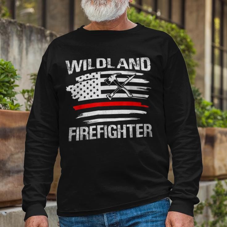 Firefighter Thin Red Line Wildland Firefighter American Flag Axe Fire V3 Long Sleeve T-Shirt Gifts for Old Men