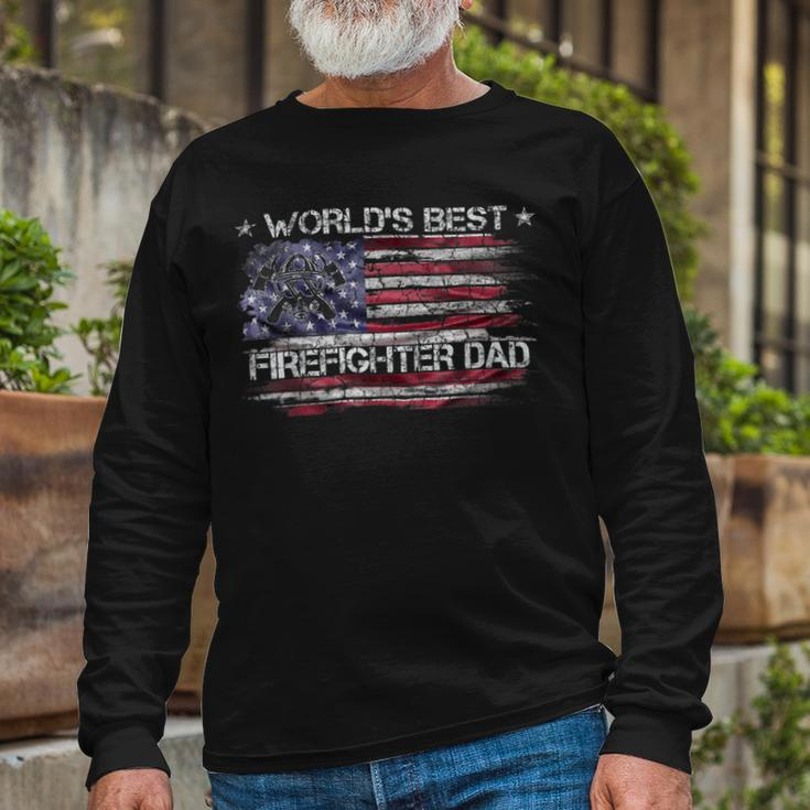 Firefighter Vintage Usa American Flag Worlds Best Firefighter Dad Long Sleeve T-Shirt Gifts for Old Men