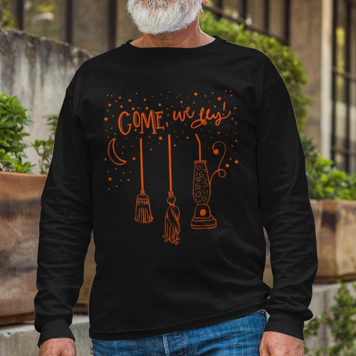 Come We Fly Basic Witch Broom Happy Halloween Long Sleeve T-Shirt Gifts for Old Men