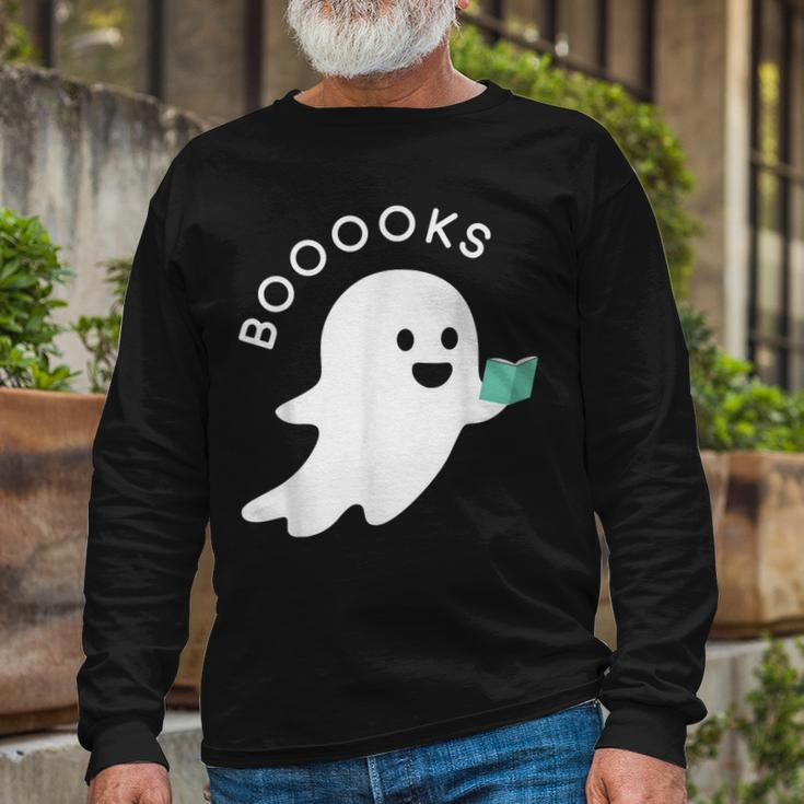 Halloween Booooks Ghost Reading Boo Read Books Library Long Sleeve T-Shirt Gifts for Old Men