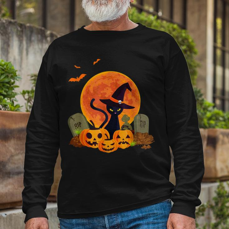Halloween Cute Witch Cat Mom Pumpkin Graveyard Spooky Cat Long Sleeve T-Shirt Gifts for Old Men