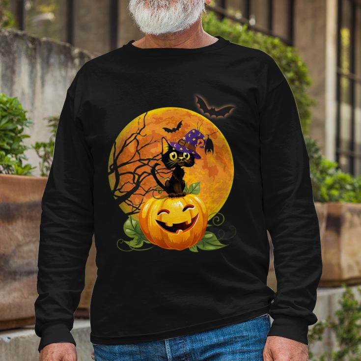 Halloween Cute Witch Cat Mom Pumpkin Moon Spooky Cat Long Sleeve T-Shirt Gifts for Old Men
