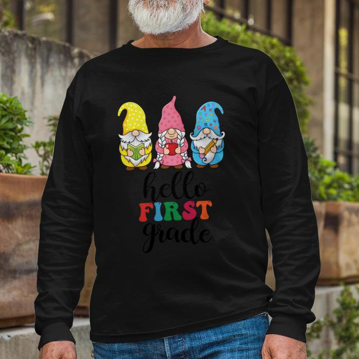 Hello First Grade School Gnome Teacher Students Graphic Plus Size Premium Shirt Long Sleeve T-Shirt Gifts for Old Men