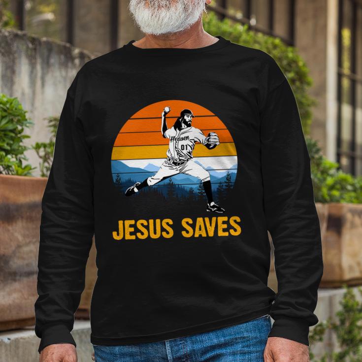 Jesus Saves Retro Baseball Pitcher Long Sleeve T-Shirt Gifts for Old Men