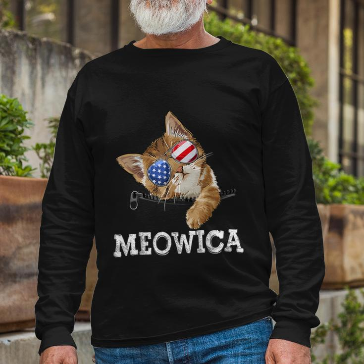 Meowica American Flag Cool Joke Cat Sunglusses 4Th Of July Long Sleeve T-Shirt Gifts for Old Men