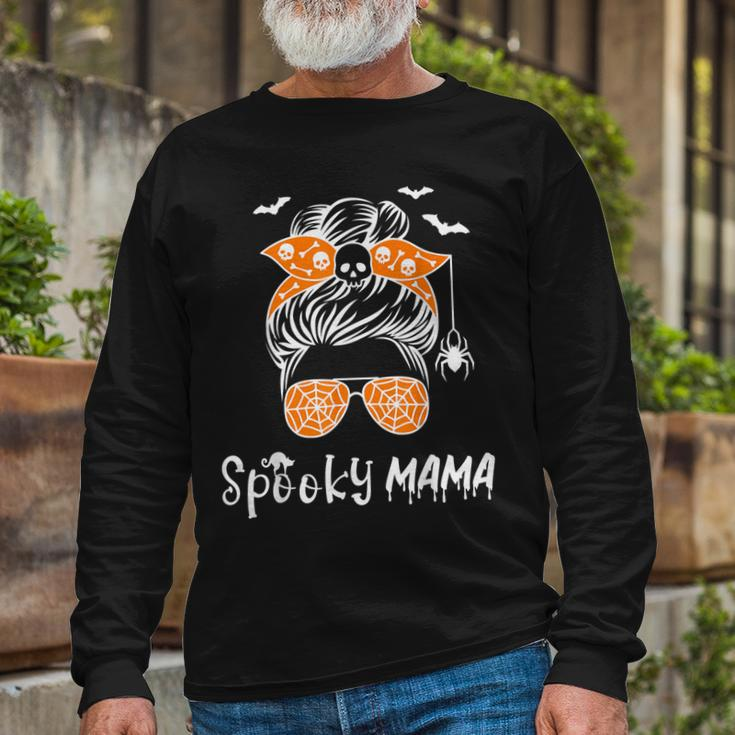 Messy Bun Spooky Mama Mom Halloween Costume Skull V2 Long Sleeve T-Shirt Gifts for Old Men