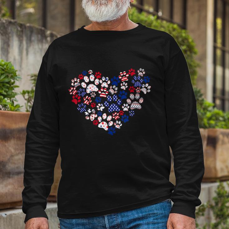 Patriotic Heart American Flag 4Th Of July Dog Paw Prints Long Sleeve T-Shirt Gifts for Old Men