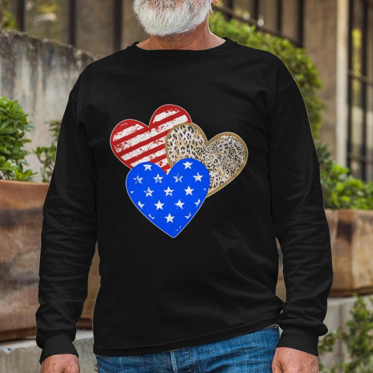 Patriotic Leopard Print Stars And Stripes Hearts Long Sleeve T-Shirt Gifts for Old Men