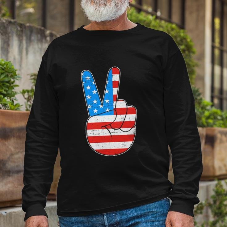 Peace Hand Sign For 4Th Of July American Flag Long Sleeve T-Shirt Gifts for Old Men
