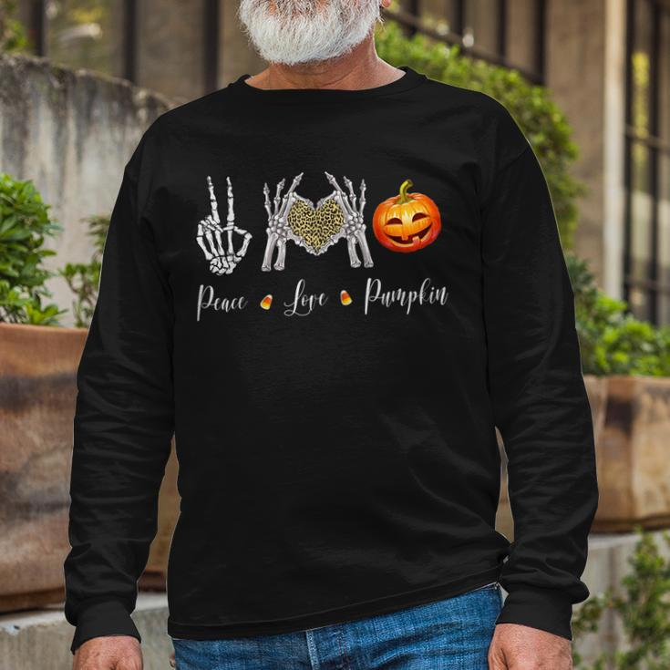 Peace Love Pumpkin Halloween Skeleton Hand Leopard Heart Long Sleeve T-Shirt Gifts for Old Men