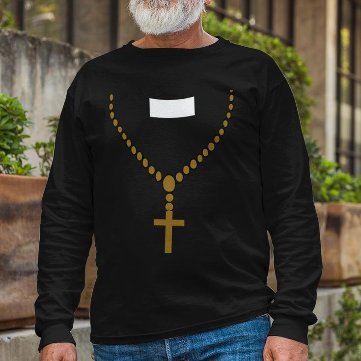 Priest Costume Cross Religion Long Sleeve T-Shirt Gifts for Old Men