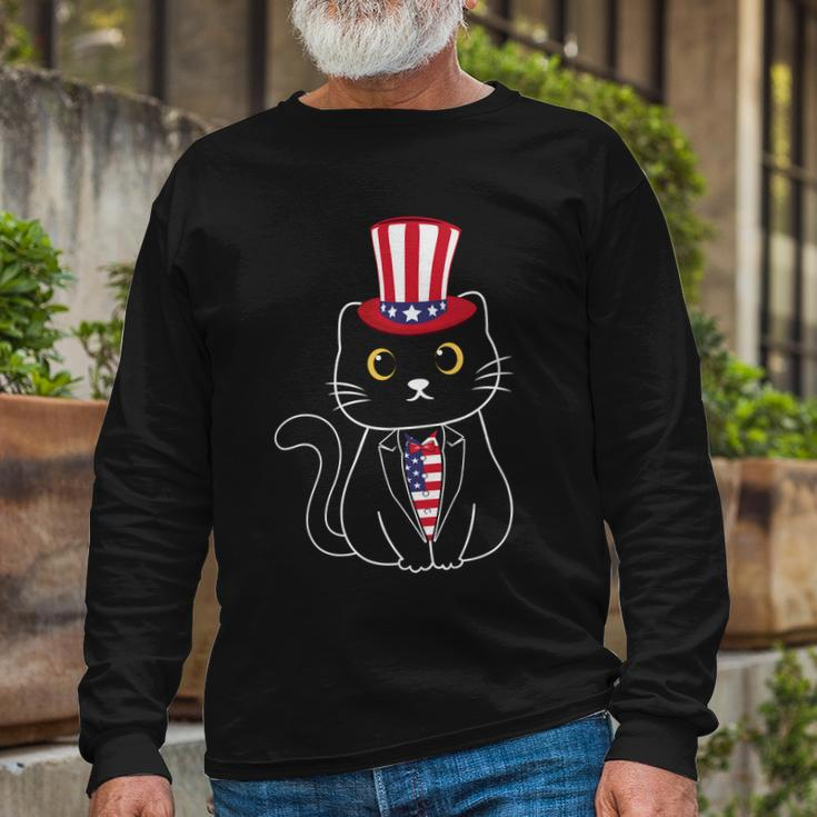 Proud American Cat Graphic 4Th Of July Plus Size Shirt For Girl Boy Long Sleeve T-Shirt Gifts for Old Men