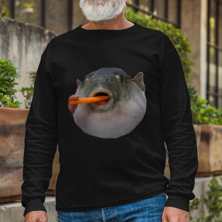 Pufferfish Eating A Carrot Meme Blowfish Dank Memes Long Sleeve T-Shirt Gifts for Old Men
