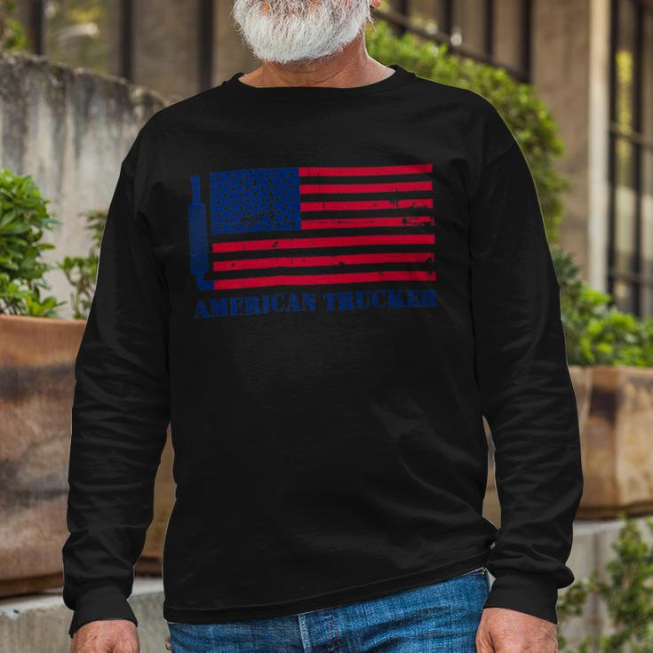 Trucker Truck Driver American Flag With Exhaust American Trucker Long Sleeve T-Shirt Gifts for Old Men