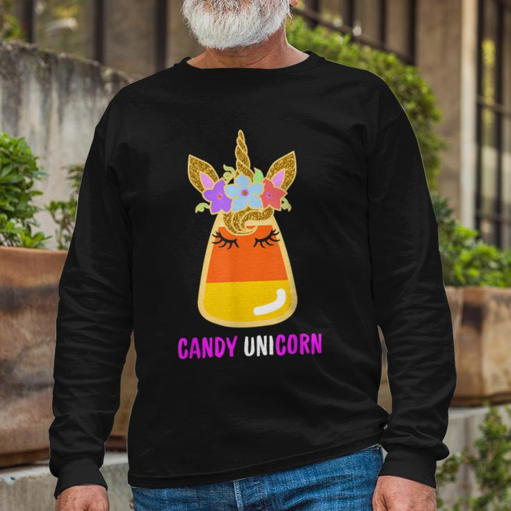 Unicorn Candy Corn Halloween Trick Or Treat Party Girl Long Sleeve T-Shirt Gifts for Old Men