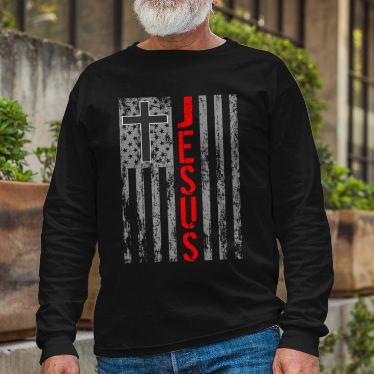 Vintage Jesus Usa American Flag Catholic Christion Cross Long Sleeve T-Shirt Gifts for Old Men