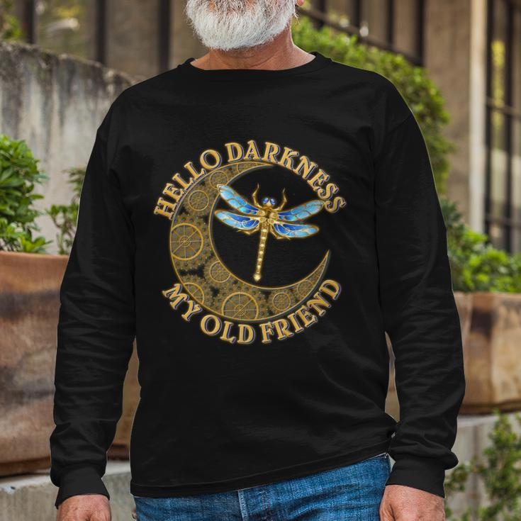 Vintage Steampunk Dragonfly Moon Hello Darkness My Old Friend Long Sleeve T-Shirt Gifts for Old Men