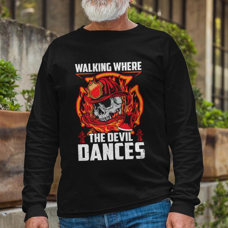 Walking Where The Evil Dances Proud To Be A Firefighter Usa Flag Long Sleeve T-Shirt Gifts for Old Men