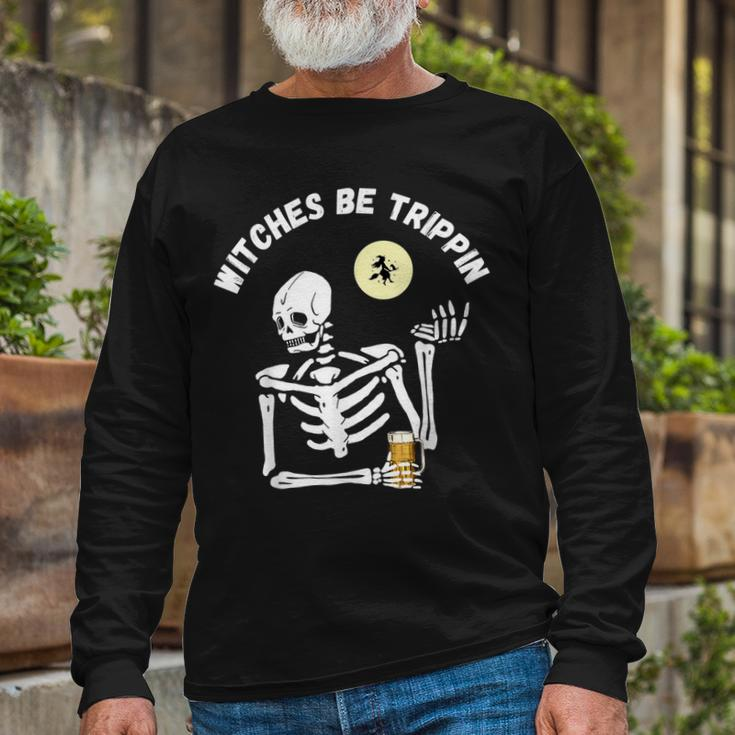 Witches Be Trippin Halloween Skeleton And Witch Pun Long Sleeve T-Shirt Gifts for Old Men