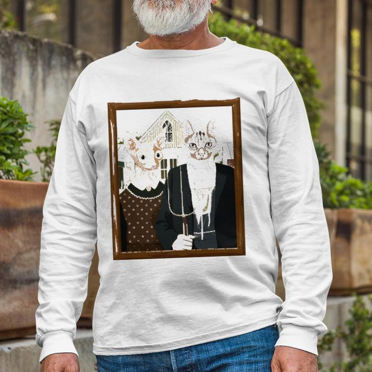 American Gothic Cat Parody Ameowican Gothic Graphic Long Sleeve T-Shirt T-Shirt Gifts for Old Men