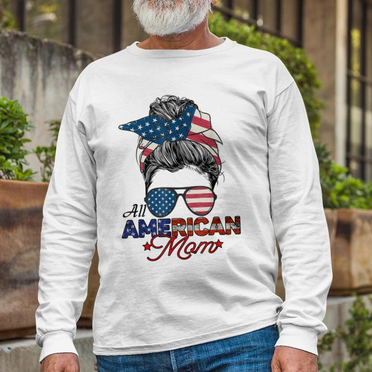 All American Mom 4Th July Messy Bun Us Flag Long Sleeve T-Shirt Gifts for Old Men