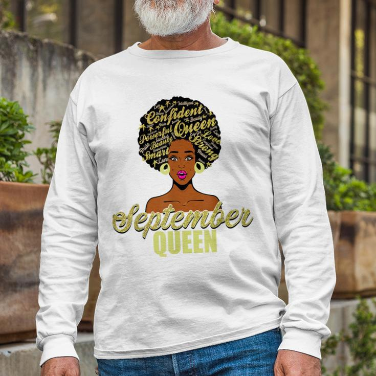 Black African American Melanin Afro Queen September Birthday Long Sleeve T-Shirt Gifts for Old Men