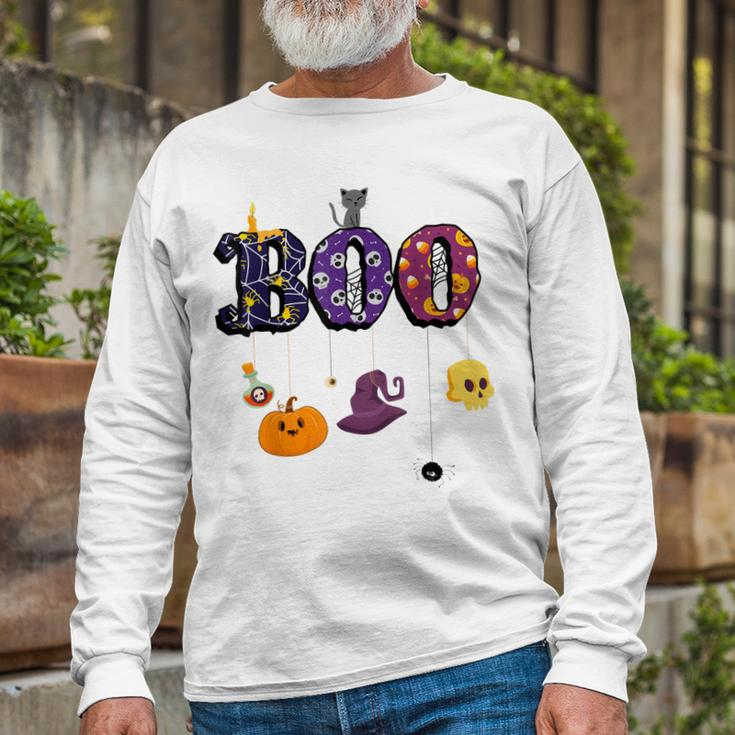 Boo Halloween Costume Spiders Ghosts Pumkin & Witch Hat V2 Long Sleeve T-Shirt Gifts for Old Men