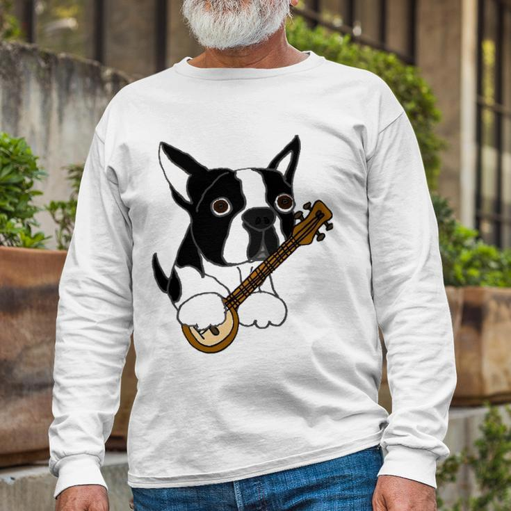 Boston Terrier Dog Playing Banjo Long Sleeve T-Shirt Gifts for Old Men
