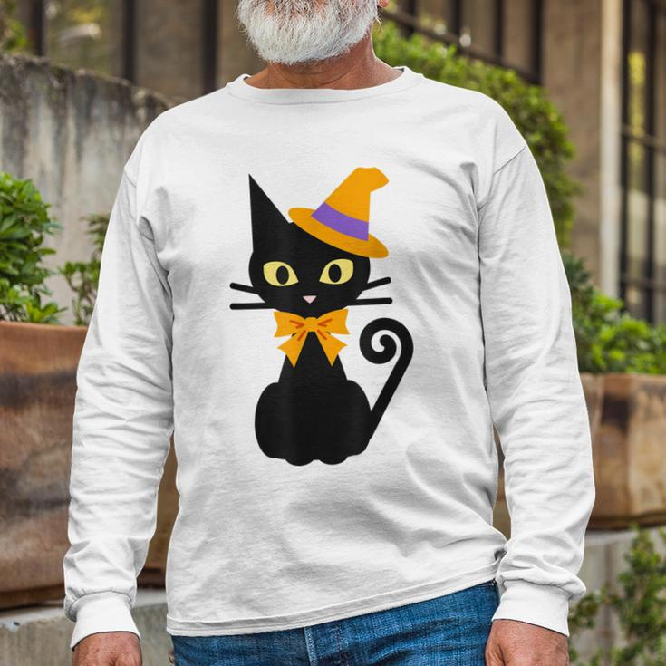 Halloween Black Cat With Hat And Bow Japanese Long Sleeve T-Shirt Gifts for Old Men