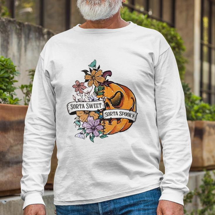 Halloween Sorta Sweet Sorta Spooky Pumpkin Floral Long Sleeve T-Shirt Gifts for Old Men