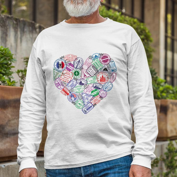 Heart Shaped Passport Travel Stamp Long Sleeve T-Shirt Gifts for Old Men