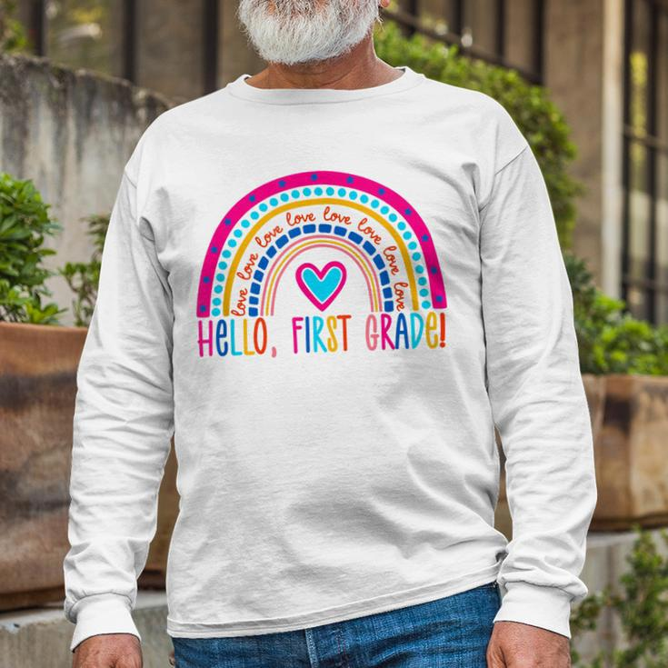 Hello First Grade Rainbow Back To School Teacher Long Sleeve T-Shirt Gifts for Old Men