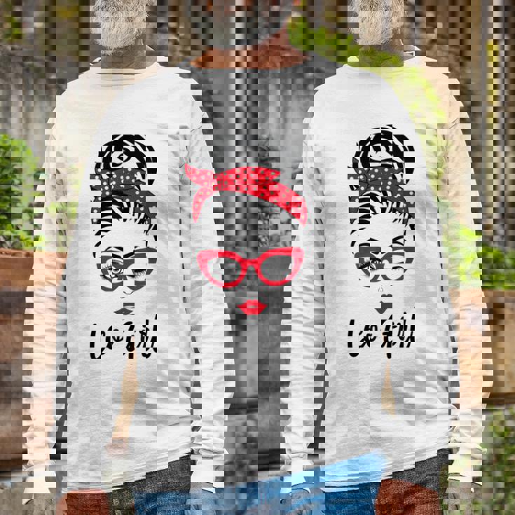 Leo Girl Messy Bun Leopard Bandana July Zodiac Sign Birthday Long Sleeve T-Shirt Gifts for Old Men