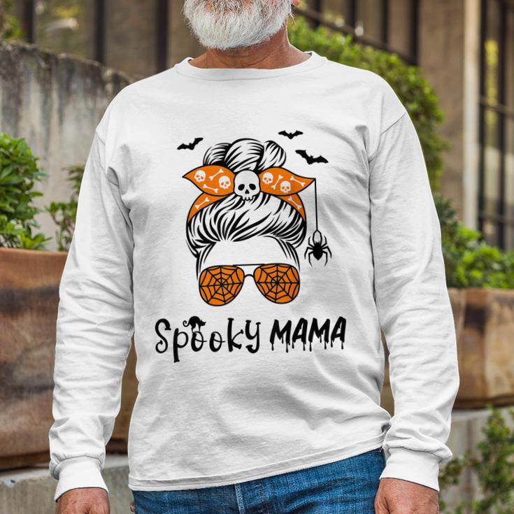 Messy Bun Spooky Mama Mom Halloween Costume Skull Long Sleeve T-Shirt Gifts for Old Men