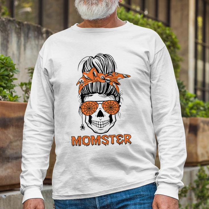 Momster Halloween Costume Skull Mom Messy Hair Bun Long Sleeve T-Shirt Gifts for Old Men