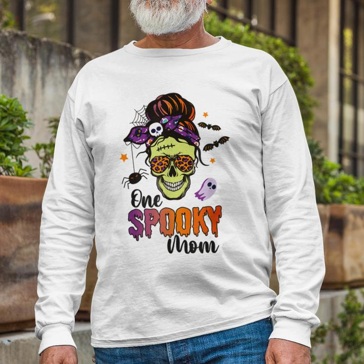 One Spooky Mama Mom Halloween Skull Messy Hair Bun Mother Long Sleeve T-Shirt Gifts for Old Men