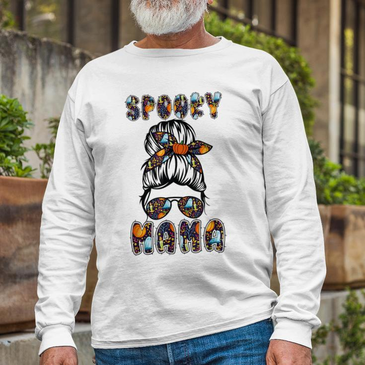 Spooky Mama Scary Halloween Messy Hair Bun Mothers Long Sleeve T-Shirt Gifts for Old Men
