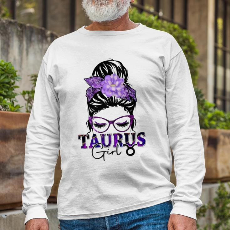 Taurus Girl Birthday Messy Bun Hair Purple Floral Long Sleeve T-Shirt Gifts for Old Men